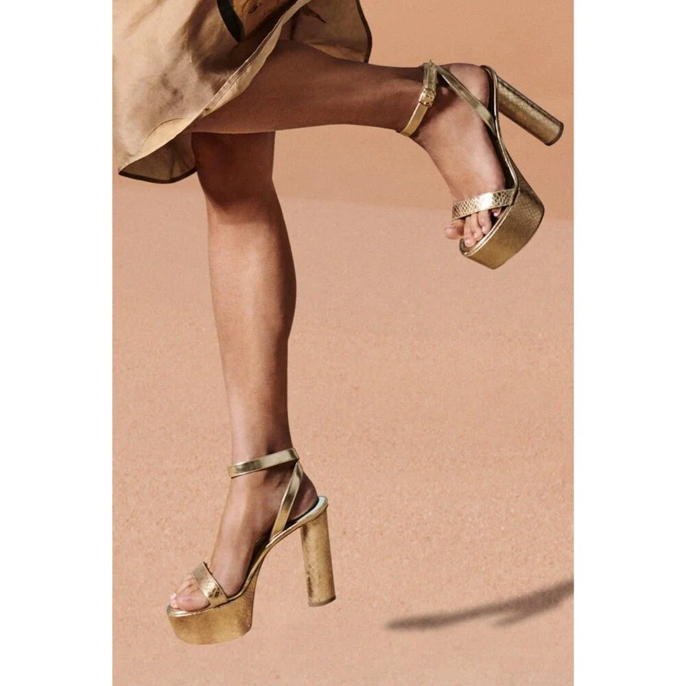 Aera Bianca Platform Block Heel Sandal Gold Python-Effect 8.5 Dust Bag/Box $395